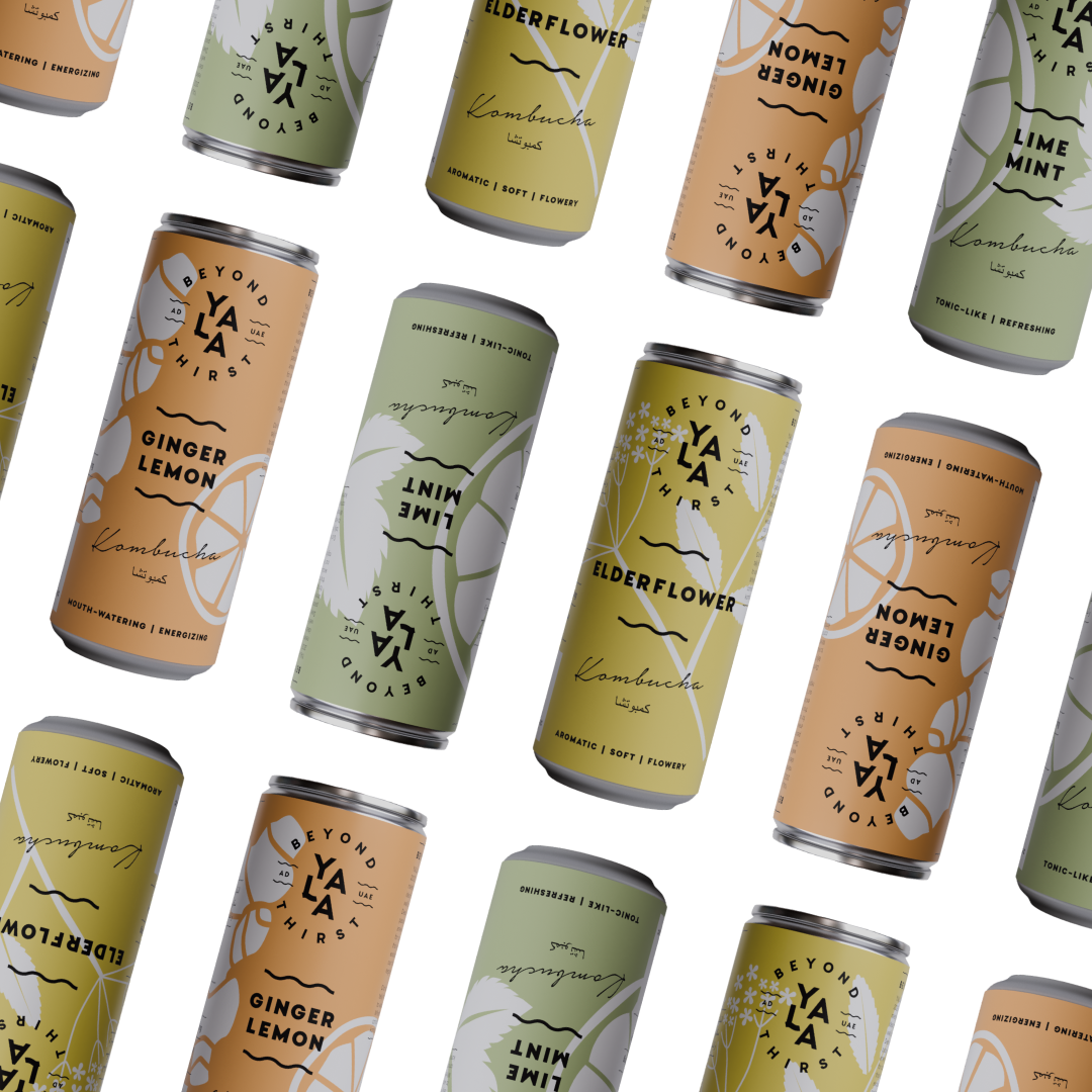 YALA kombucha cans in multiple flavours including Ginger Lemon, Lime Mint, Ginger Flower, and Elderflower arranged on white background