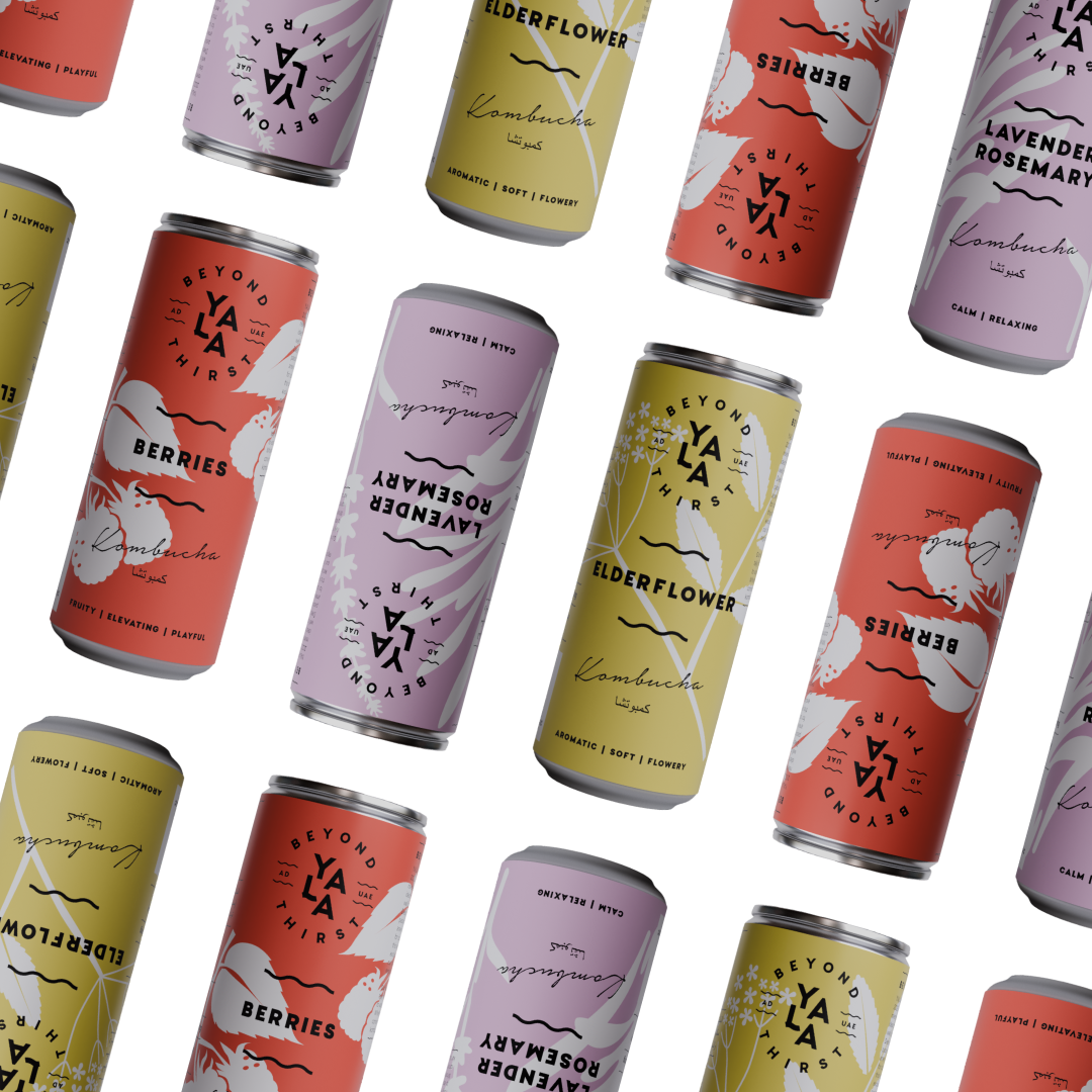YALA kombucha cans in Berries, Elderflower, and Lavender Rosemary flavours arranged on white background