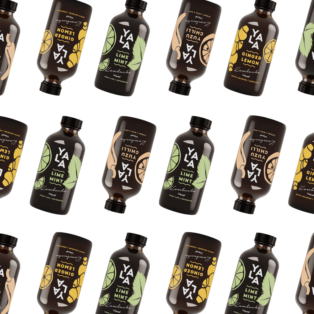 YALA kombucha 250ml bottles in Ginger Lemon, Lime Mint, and Chilli flavours arranged in repeating pattern