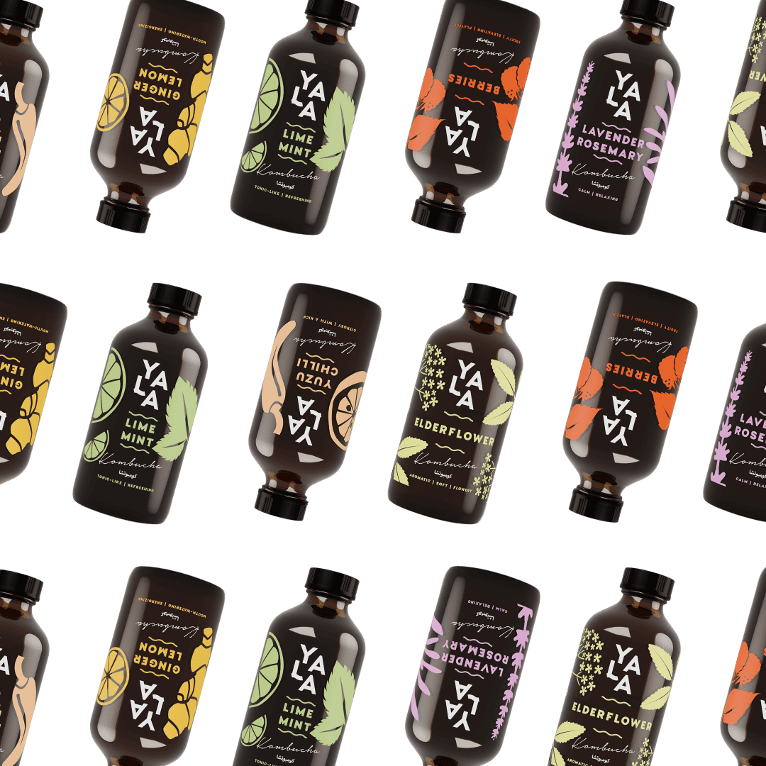 YALA kombucha bottles in multiple flavours: Ginger & Lemon, Lime & Mint, Berries, Elderflower, and Lavender & Rosemary