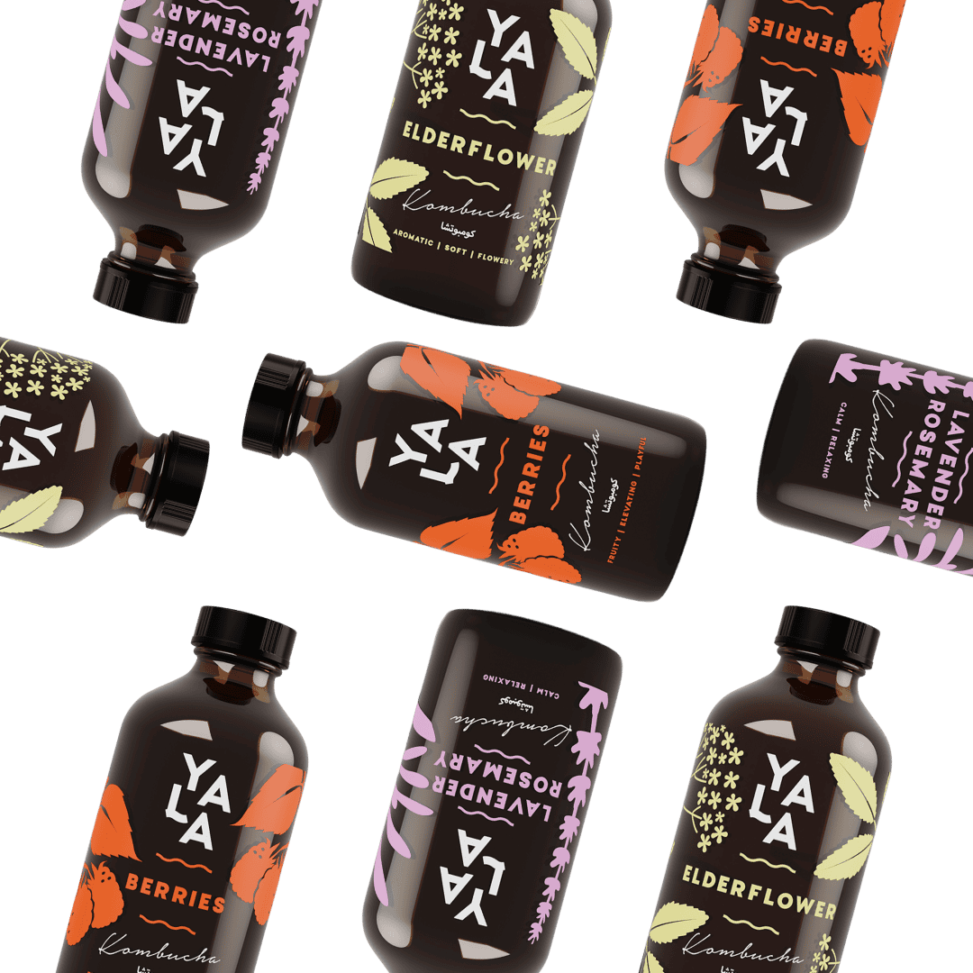 YALA kombucha 250ml glass bottles in Berries, Elderflower, and Lavender & Rosemary flavours