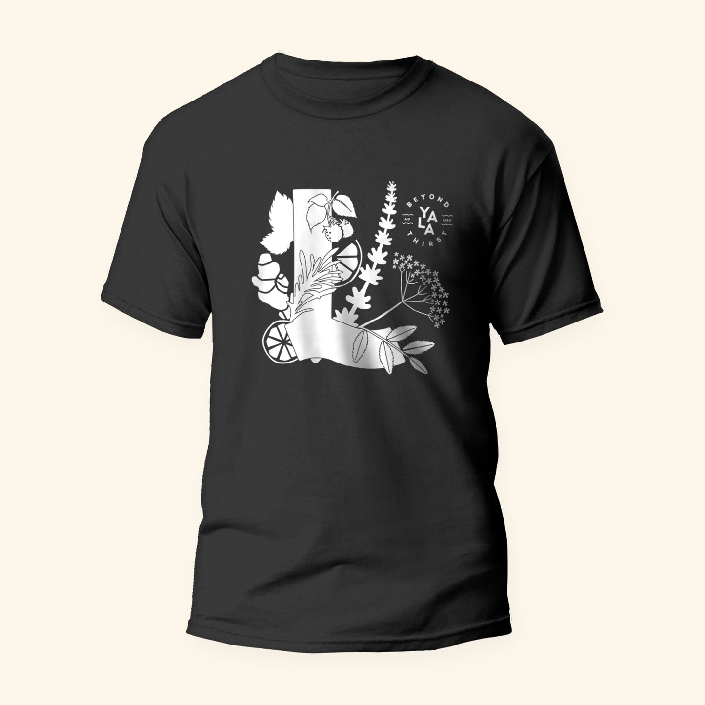 A black YALA T-shirt with a graphic design in white, featuring leaves and the YALA logo.