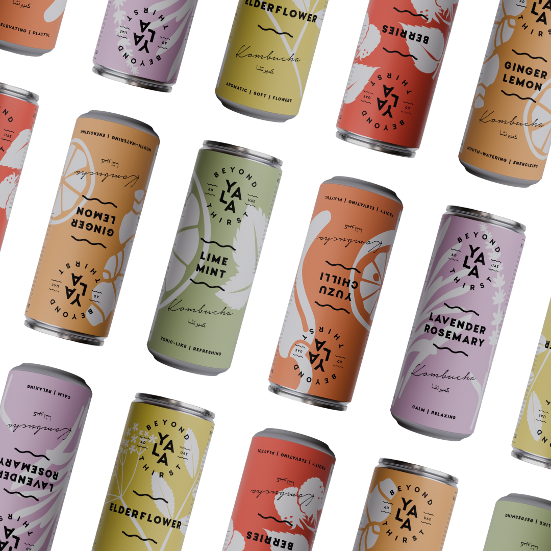 YALA kombucha cans in multiple flavours: Ginger Lemon, Lime Mint, Berries, Lavender Rosemary, Elderflower displayed on white background